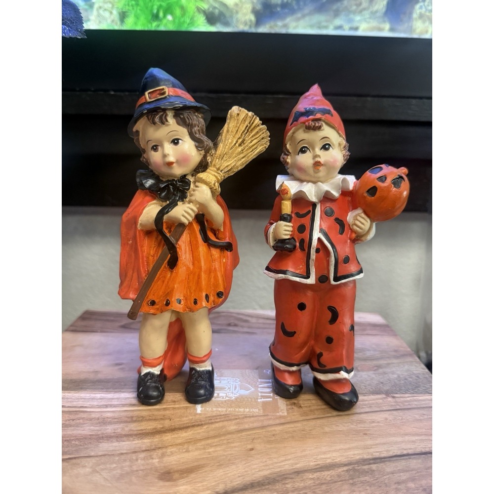 Vintage Style Halloween Figurines Witch & Clown Pumpkin Pair Retro Decor